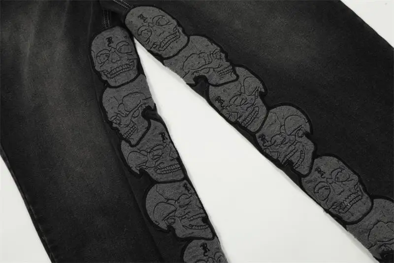 Новинка 2025 года джинсовая молния с вышивкой черепа облегающие прямые джинсы