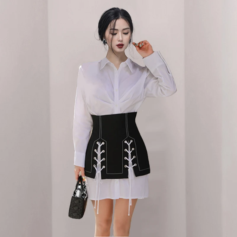 

New Autumn Office Ladies 2 Piece Set Women Lapel Single Breasted White Shirt Dress + High Waist Lace Up Bodycon Mini Skirt Suits