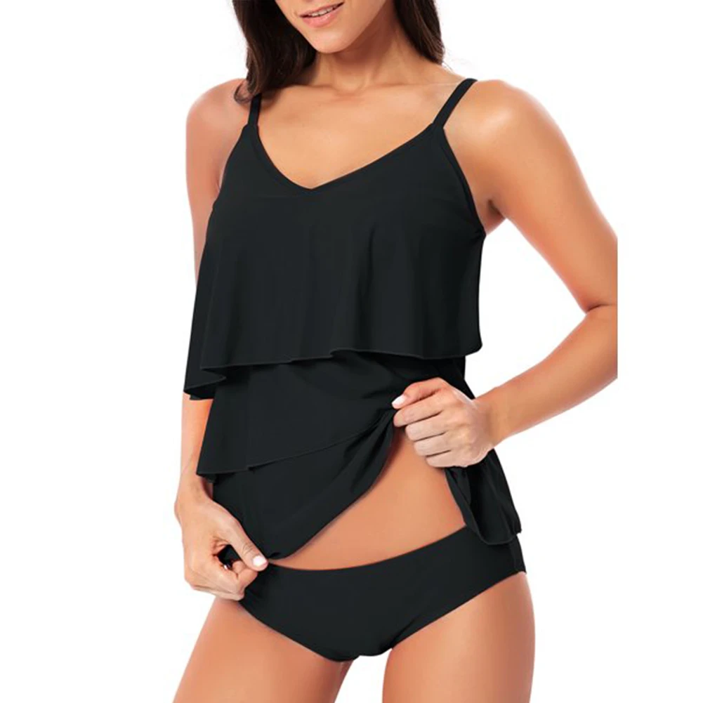 

2pieces Layered Ruffle Padded Adjustable Straps Women Swimsuit Push Up V Neck Solid Top Briefs Tankini Bathing Summer Beach