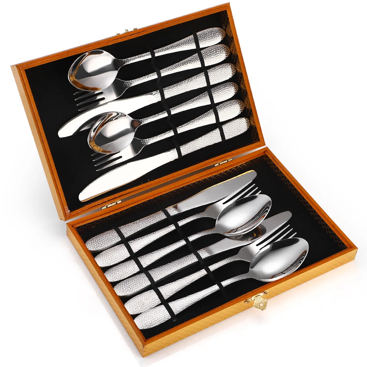 

XITUO 12Pcs High-Grade Stainless Steel Tableware Set Aristocratic Luxury Knife Fork Spoon Set Golden Wooden Box Wedding Best Gif