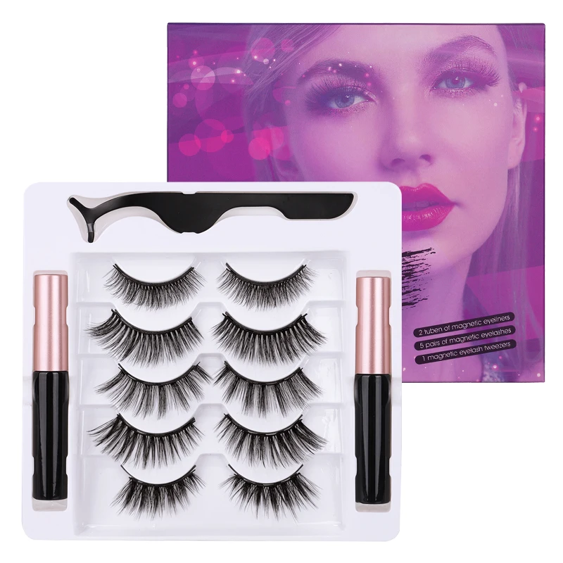 

2022 Best Selling 3D 5 Pairs Black Magnetic Mink Eyelashes Two Liquid Eyeliner Natural With Tweezers Set And Kit
