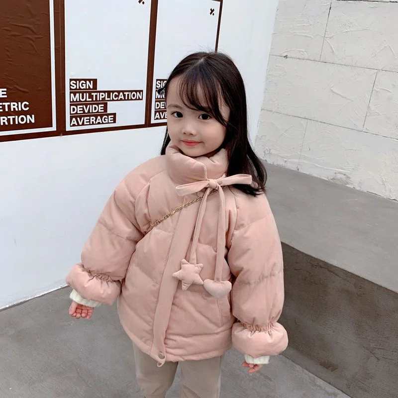 

Girls' Winter Cotton Padded Coat Children's Clothes 2023 New Korean Casual Stand Collar Drawstring Thickened Warm Short Jacket