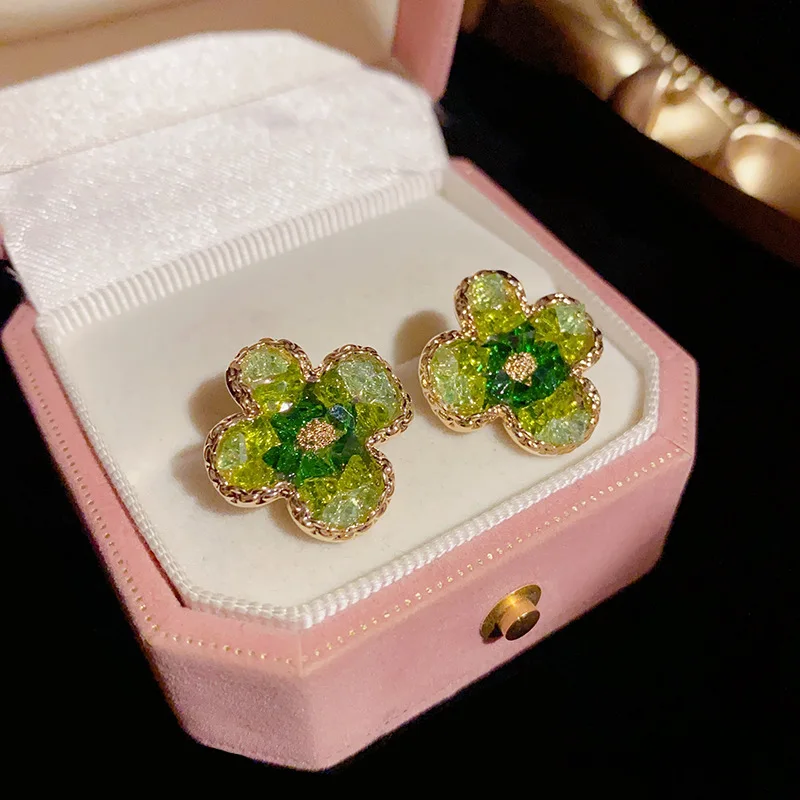

Delicate Green Gradient Crystal Gold Color Trim Small Stud Earrings for Women 2023 New Korean Fashion Estival Jewelry Gifts
