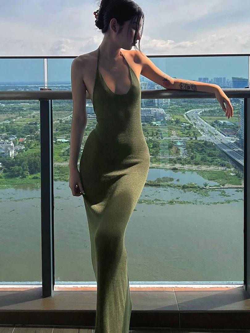 

Solid Halter Sleeveless Backless Slim fashion Sexy Maxi Dress 2022 Spring Women Elegant Streetwear Party Y2K Clothing Concise