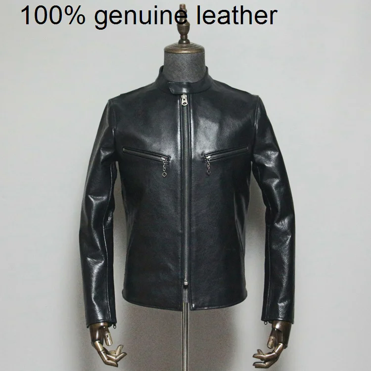 

Куртка из воловьей кожи высокого качества, винтажное пальто, Черная мужская одежда из натуральной кожи, облегающий Байкерский стиль