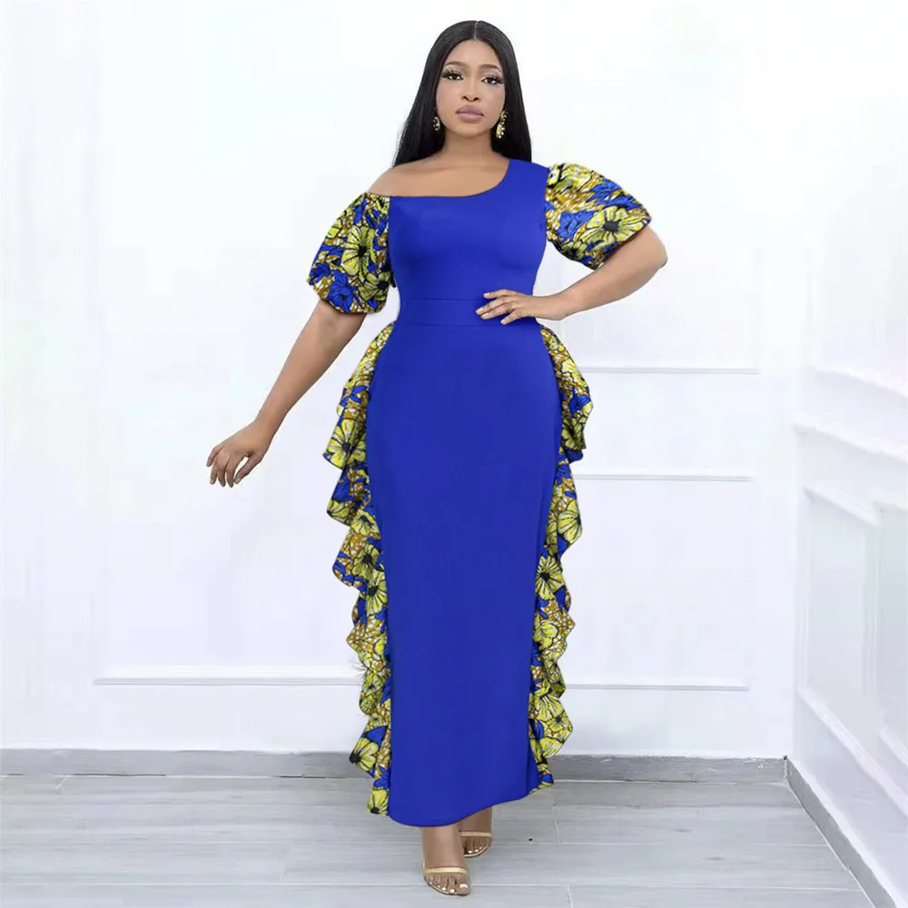 

New Short-sleeved Slanted Shoulder Ladies Print Banquet Dress Commuter Elegant Office Dress 2022 Summer African Women
