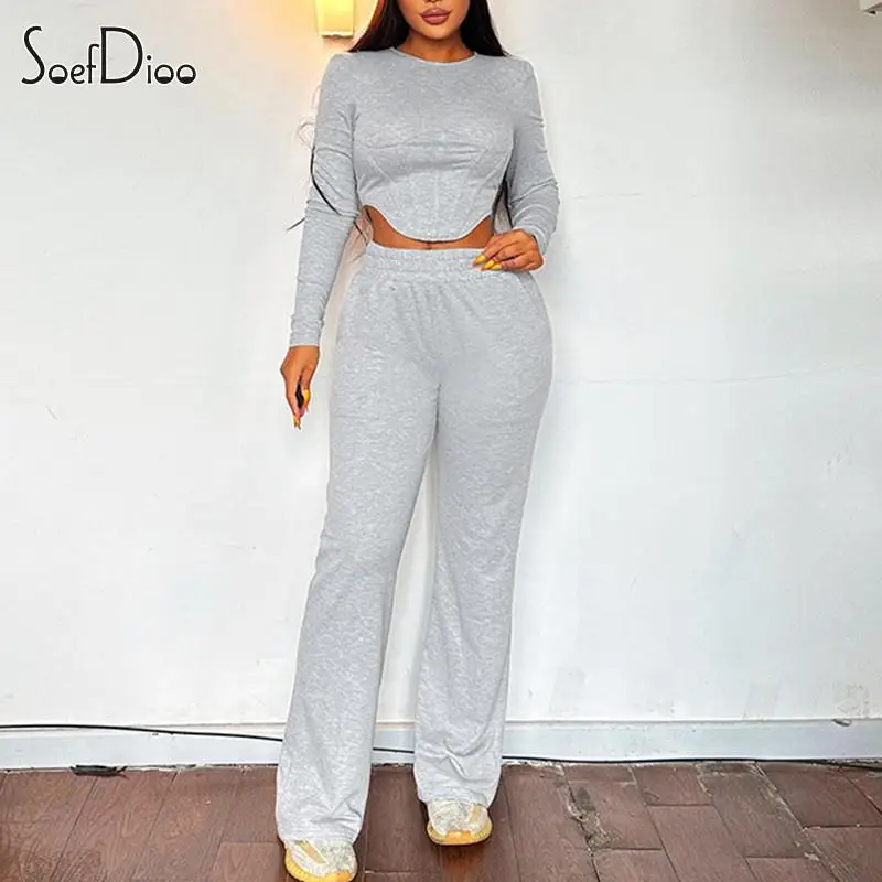 

soefdioo Casual Women's Set Long Sleeve Crop Tops and Wide Leg Pants 2023 Fall Fashion Street Two Piece Sets Outfits Tracksuits