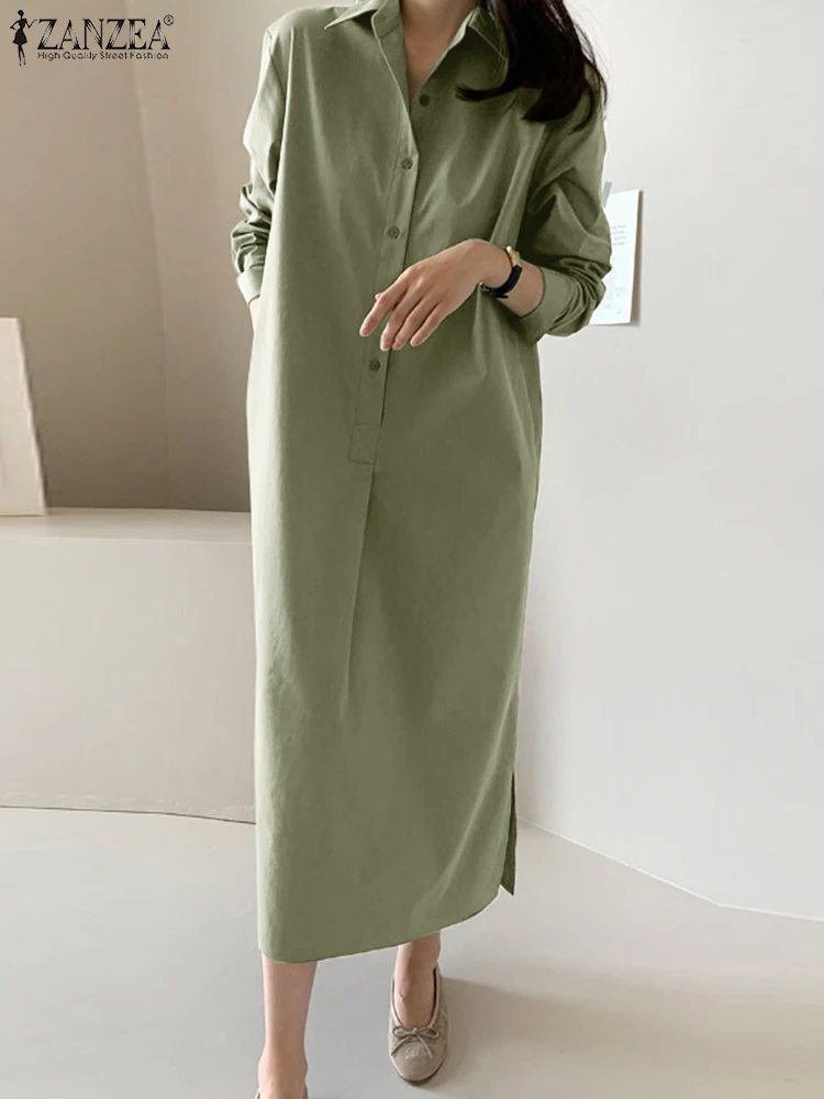 

Осеннее модное платье с длинным рукавом и лацканами, женские элегантные однотонные рабочие платья ZANZEA, Повседневная рубашка на пуговицах, платья, женский сарафан, Халат