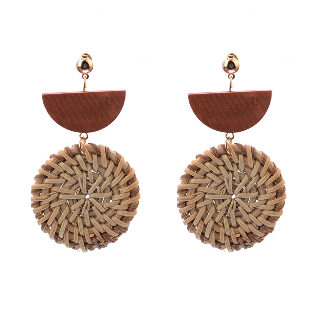 

Fashion National Semicircle Wooden Retro Temperament Rattan Hand-woven Pendant Personality Drop Earrings For Women