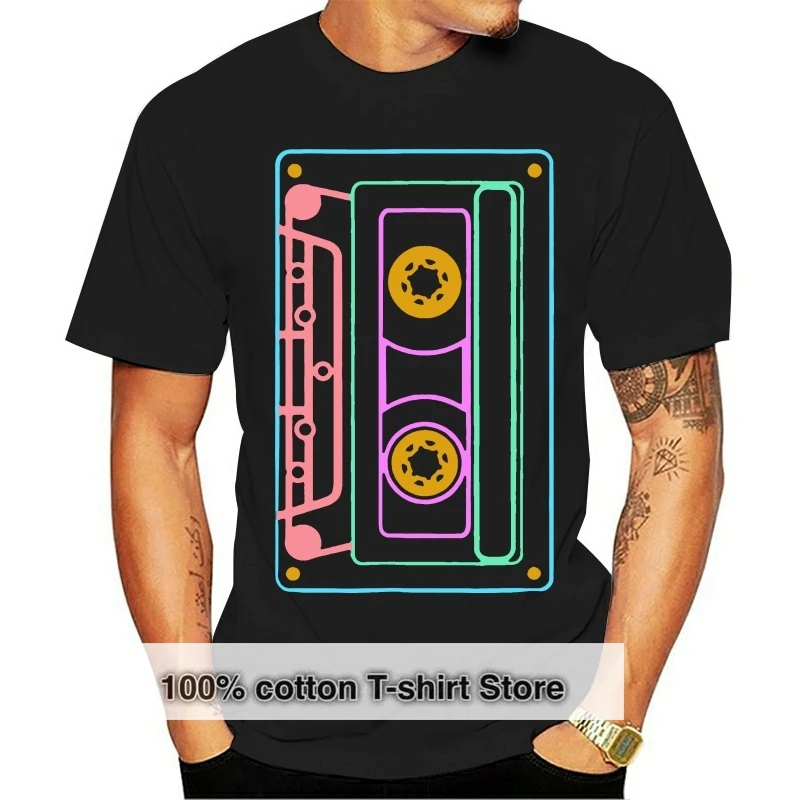 

brand men 80s Retro Neon Sign Vintage Cassette T Shirt Fashion Mens Short sleeve T Shirt