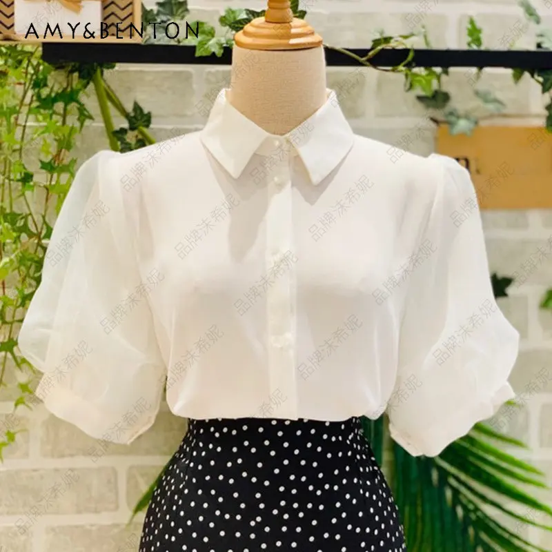 

2023 Summer New Short-Sleeved Women's Shirt Top Korean Style Fashion Trendy Blusas Mujer Casual Elegant Chiffon Blouse