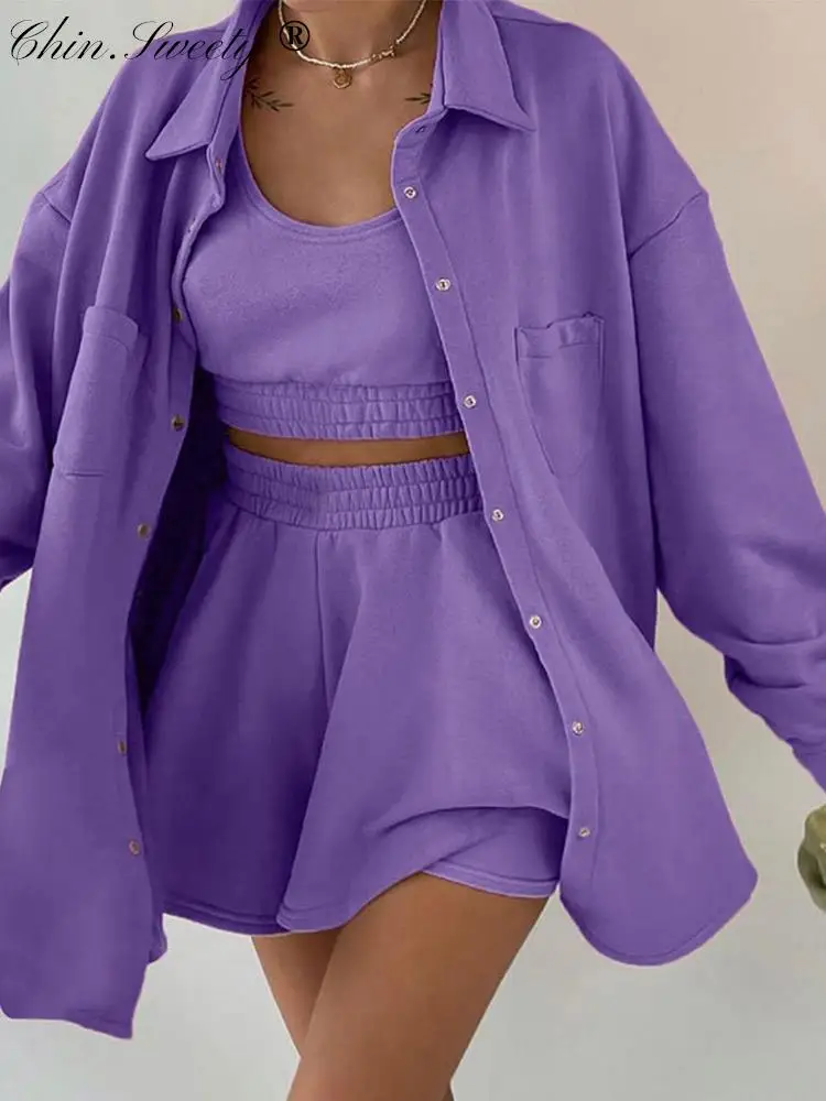 

Cropped Vest Cardigan Shorts 3 Piece Set Women Lapel Button Wide Leg Short Suit Female 2021 Autumn Lady Solid Casual Biker Sets