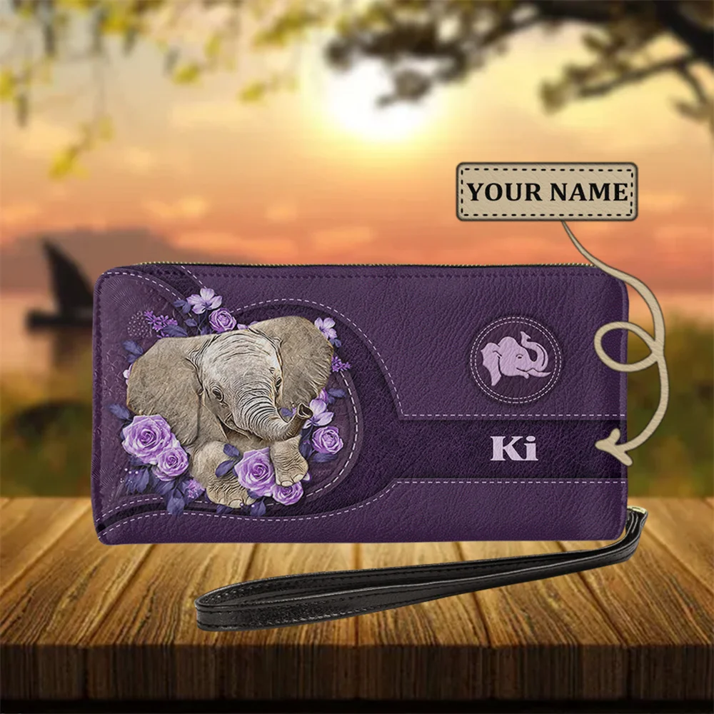 

Fashion Clutch Cash Purse Beautiful Elephant and Hawaiian Floral Pattern Purple Zip Around Wallet Woman Long Leather Card Holder