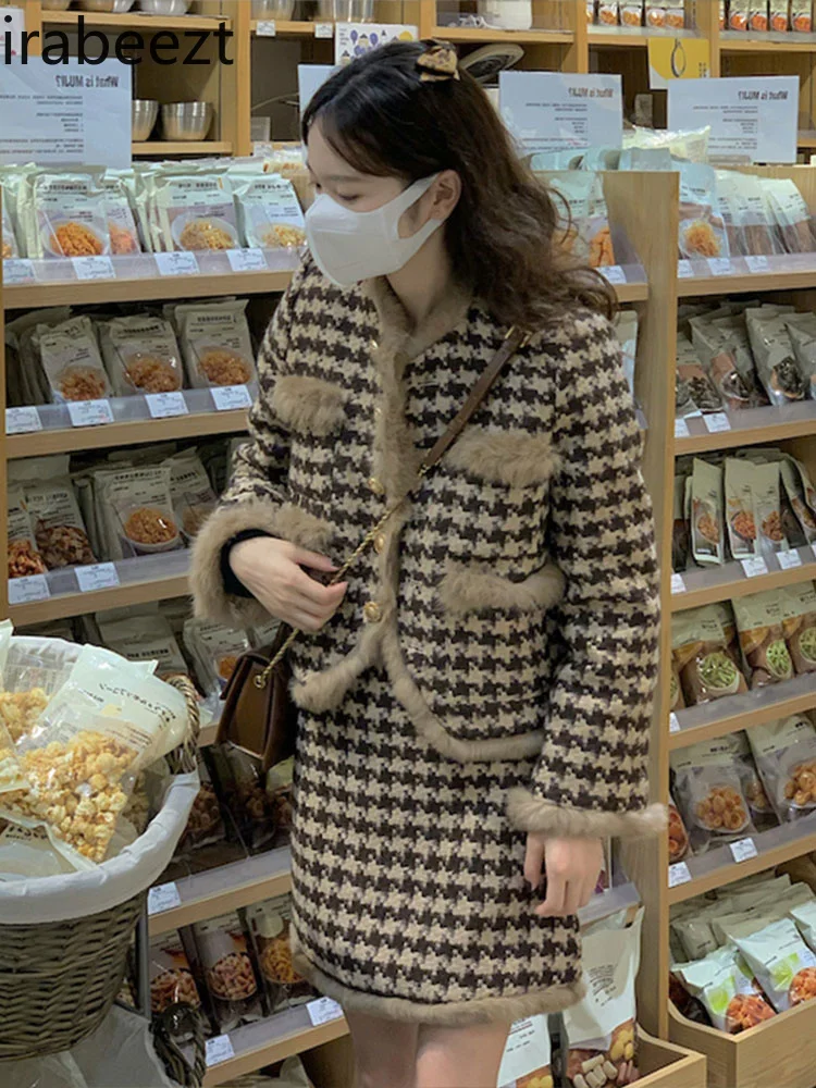 

Irabeezt Office Lady Tweed Suit Black Women 2022 Autumn Winter New Korean Fashion Skirt Jacket Two-piece Set Trendy Lady Suits