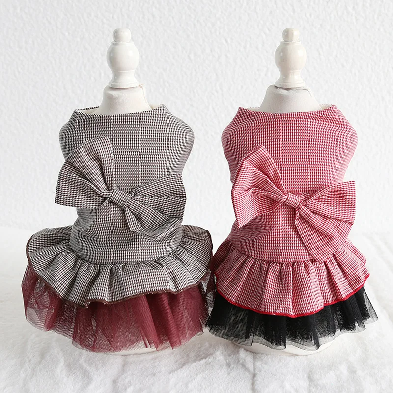 

Cheap On Sale Pet Dress For Dog Little Small Bow Grid Lace Warm Puppies Animal Cat Tutu Party Skirt Clothes For Chihuahua