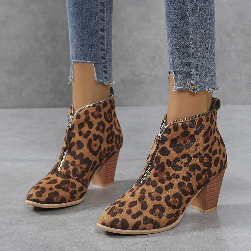

Ladies Round Toe High Heels Ankle Booties Leopard Print Ladies Boots Front Zipper Ladies Boots Vintage Ladies Shoes Boots Women