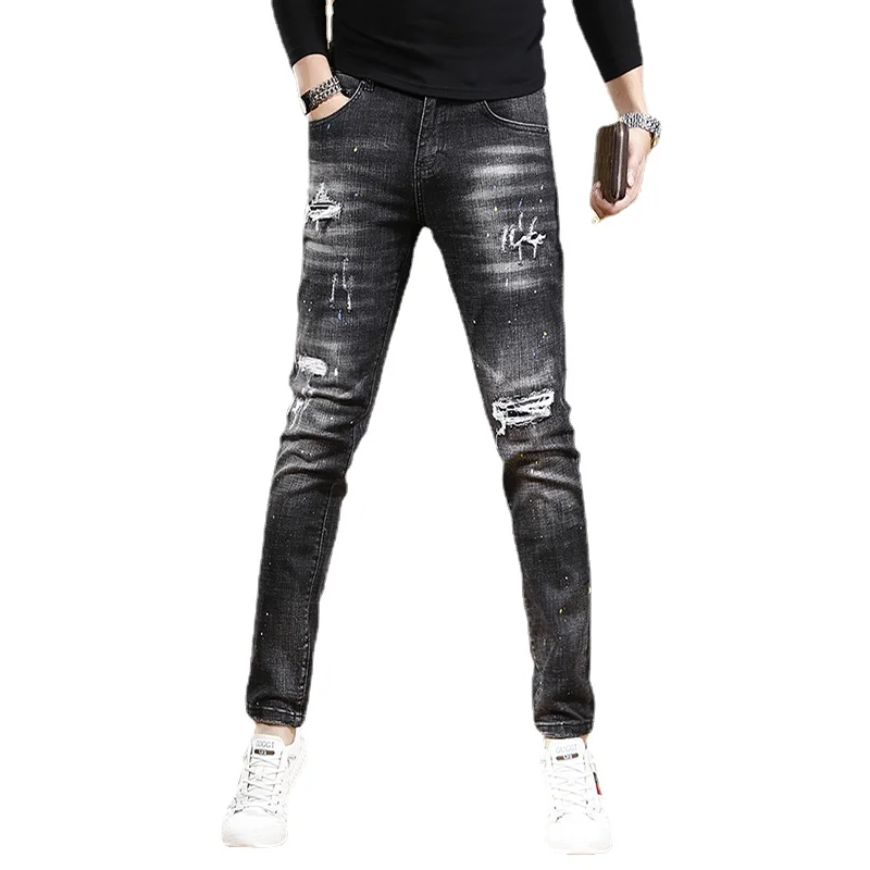 Autumn Men Black Ripped Patches Jeans Fashion Dots Printed Slim Fit Pencil Pants Streetwear Casual Scratched Denim Trousers