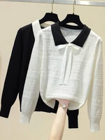 korean clothes women sweater black white peter pan collar top 2022 spring autumn fashion bow long sleeve sweaters knit pullovers