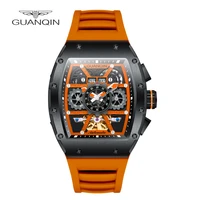 guanqin mens automatic watch skeleton tourbillon tonneau adjustable silicone strap multifunctional mechanical automatic watch