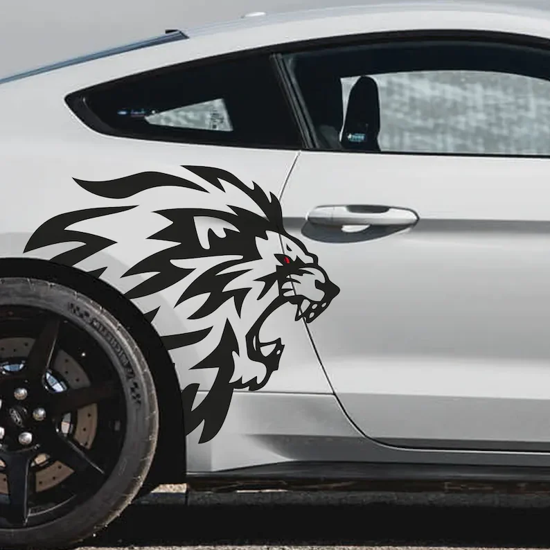 

x2 King Lion Head Car Outline Fits Mustang Tattoo Grunge Design Tribal Door Side Bed Pickup Vehicle Truck Vinyl Graphic Sticker