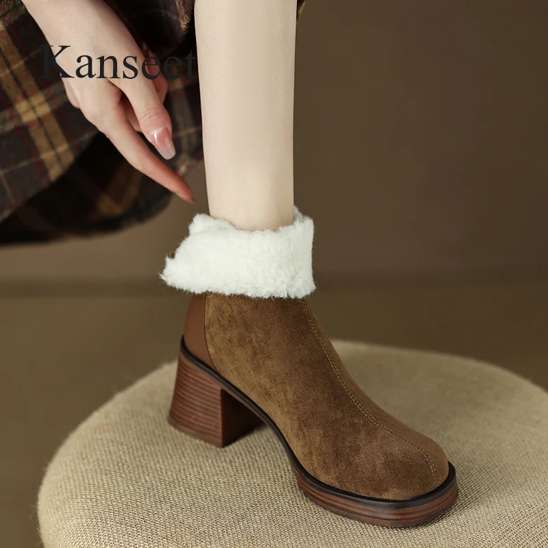 

Женские зимние ботильоны Kanseet, Новое поступление 2022, теплые меховые ботинки цвета хаки, лоскутные короткие ботинки ручной работы на молнии и...