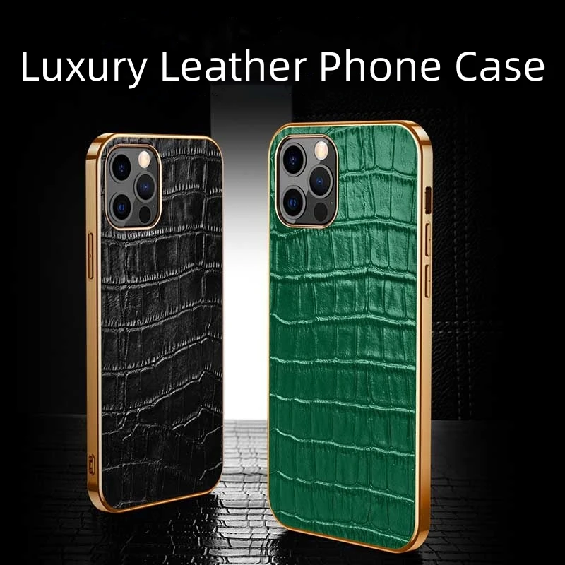 Luxury Genuine Leather Soft Case For Iphone 14 13 12 11 Pro Max Plus Mini Plating Crocodile Pattern Lens Protection Phone Cover