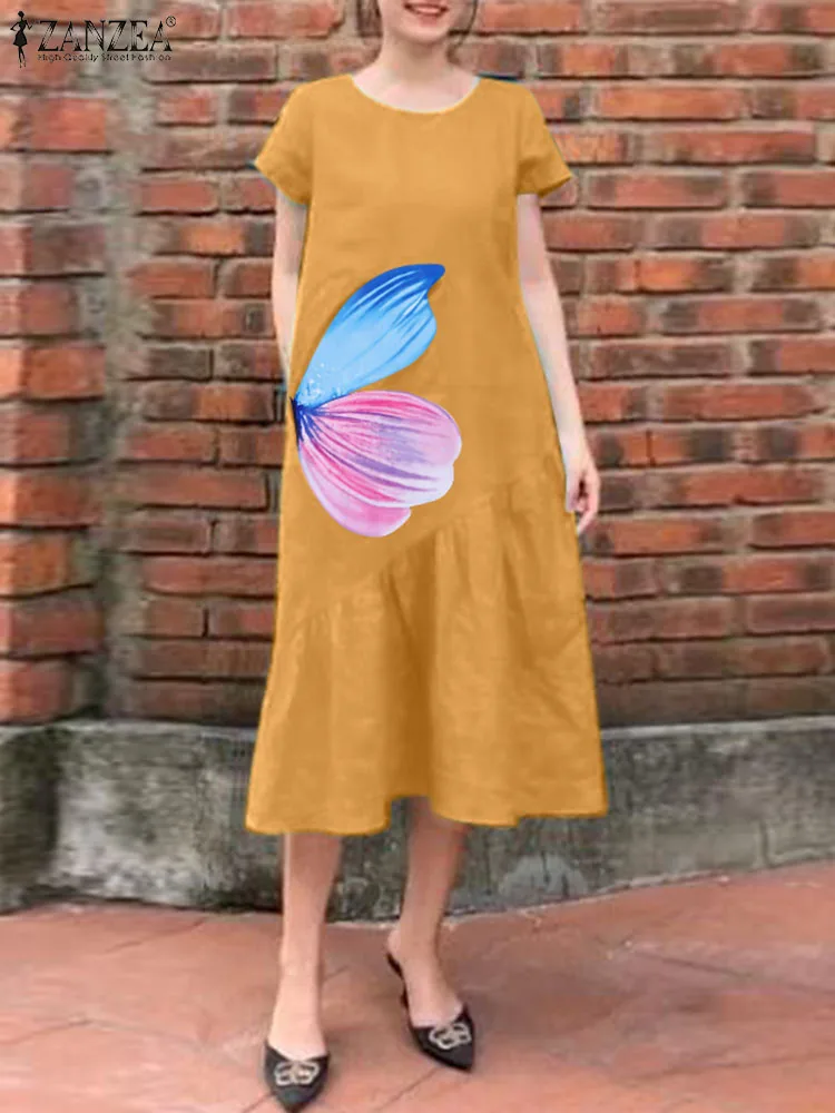 

Женское летнее Цветочное платье ZANZEA, богемное платье с коротким рукавом и принтом, Женский Повседневный Сарафан с круглым вырезом