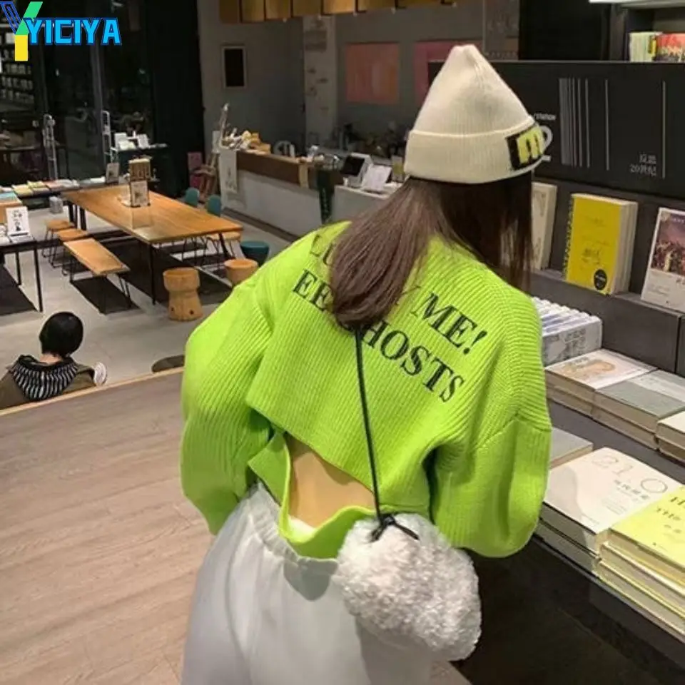 

YICIYA Korean Fashion Women's Cardigan 2023 O Neck Sweater Tops Woman Long Sleeve Knitted Coats Letter Print Cardigans Female