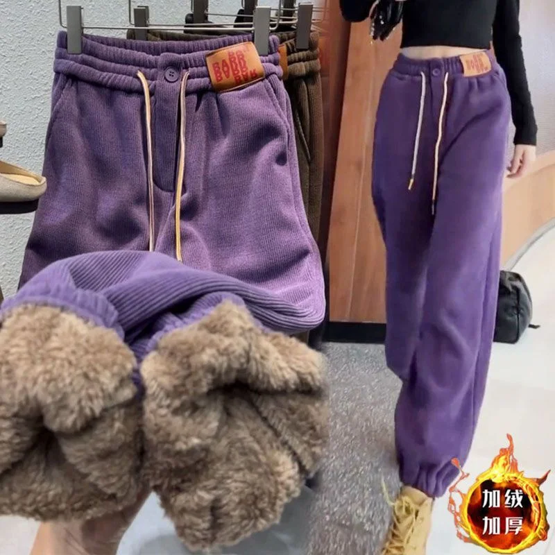 

Purple Corduroy Thick Plush Lamb Winter Sweatpants Women High Waist Loose Fashion Joggers Harem Pants Dstring Casual Trousers