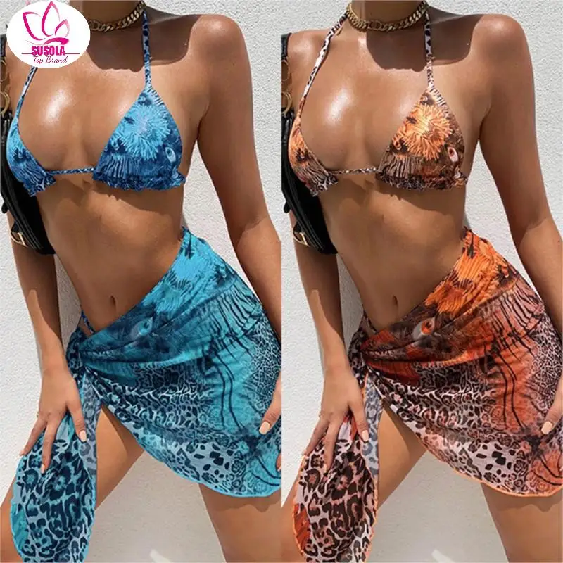 Сексуальное леопардовое бикини с юбкой купальник лямкой на шее комплект из 3