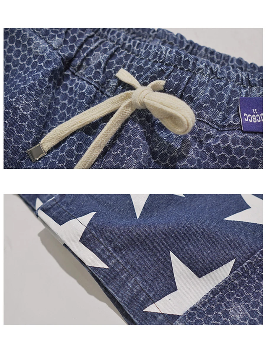 Y2k Clothes Men's Jeans Loose American Pentagram Print Straight Pants Loose Plus Size Workwear Wide Leg Pants Streetwear Denim