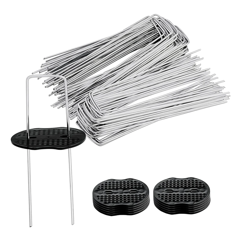 

100 Pcs 6 Inch U-Shaped Landscape Staples And 100 Pcs Fixing Gasket Sets, Garden Landscape Staples Are Suitable