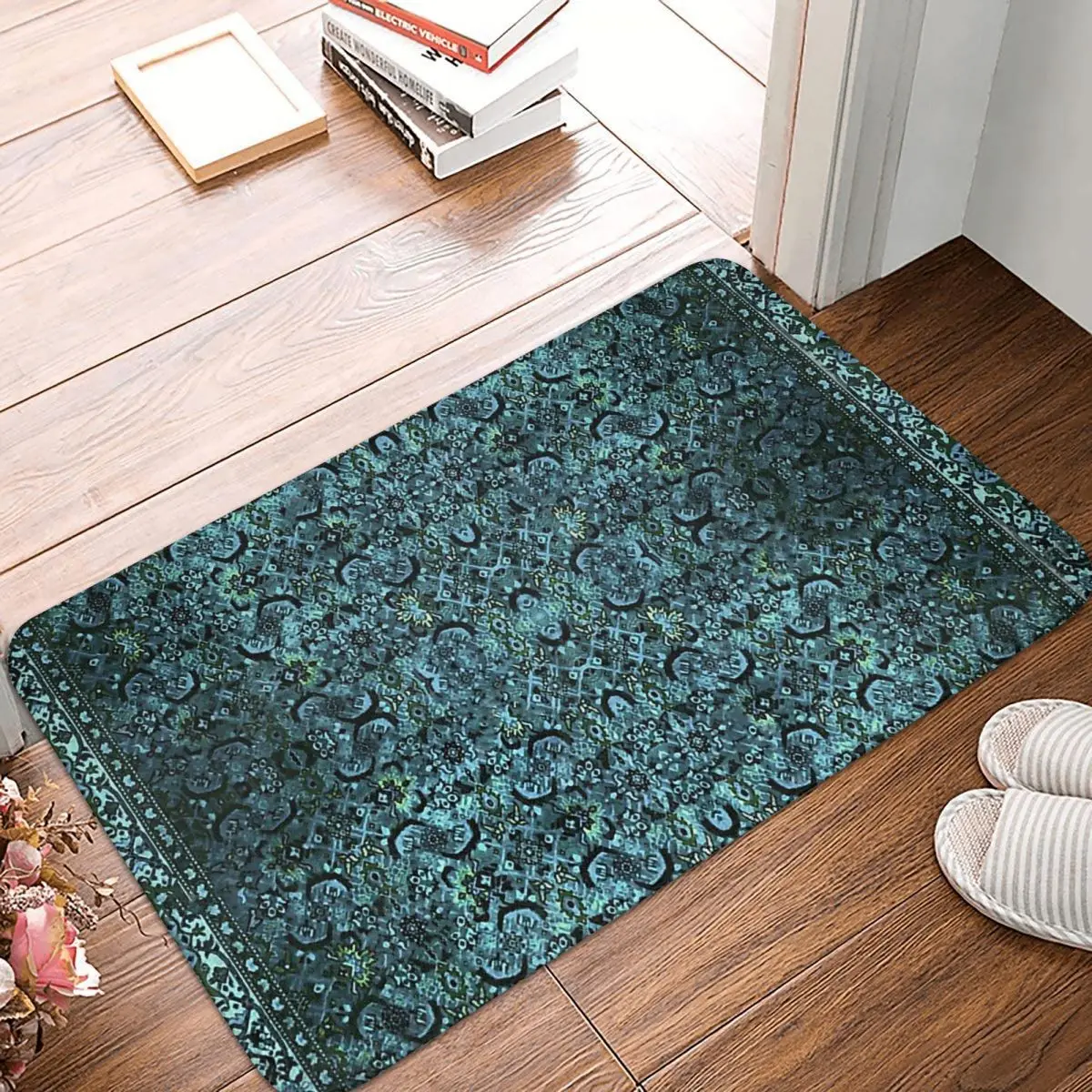 

Oriental Rug Non-slip Doormat Antique Decoration Blue Bath Kitchen Mat Welcome Carpet Flannel Modern Decor