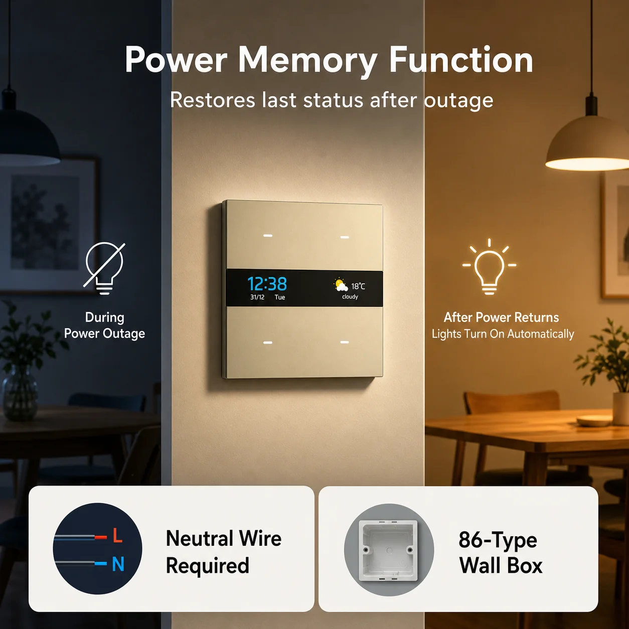Фото Умный выключатель M8 Pro Tuya Zigbee 4 клавиши для электрического света, экран времени и температуры, удалённое управление Smart Life App и голосом, Home Assistant, дом, отель, вилла №3