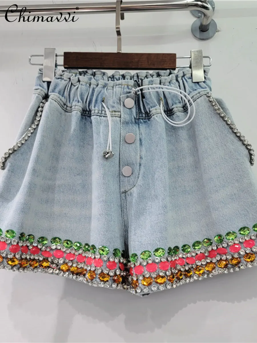

European Pants 2023 Summer Heavy Industry Colorful Beads Pieces Beaded Jeans Shorts High Waist Slim Wide-Leg Denim Shorts Women