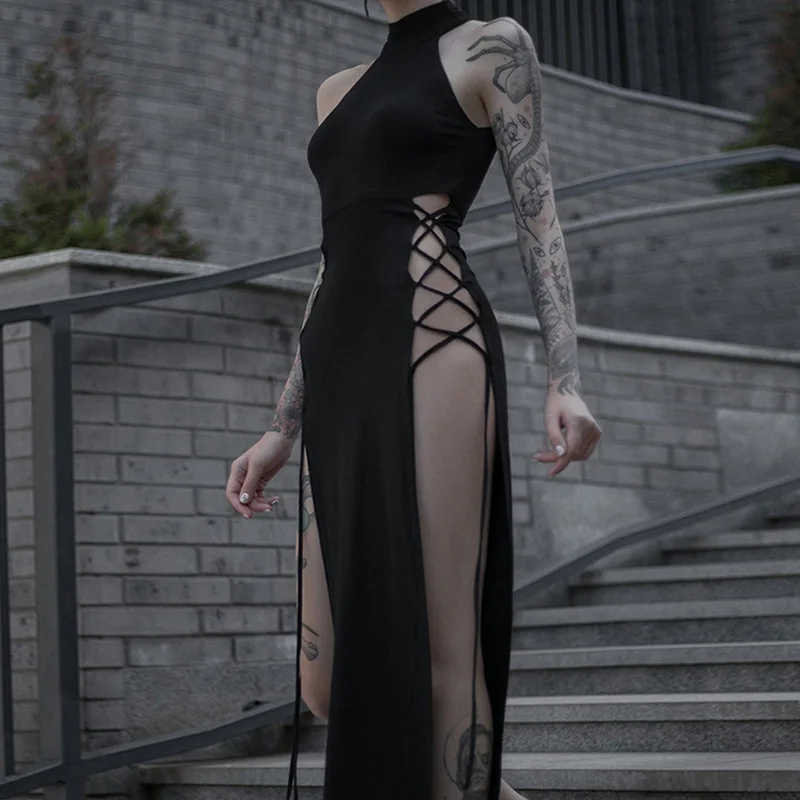 Hohe Split Sexy Verband Frauen Kleider Y2K Mall Gothic Холтер Schlank Midi Kleid Schwarz Grunge Stil Alt party