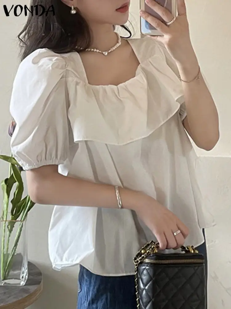 

VONDA Summer Ruffled Tops Women Blouse 2023 Fashion Casual Solid Square Collar Shirts Short Puff Sleeve Sexy Tunic Streetwear