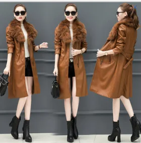 Winter Coat Plush Leather Coat Women's Medium Long Slim Leather Coat Thickened Warm Waist Wool Collar Skinny Lady Leather Coat