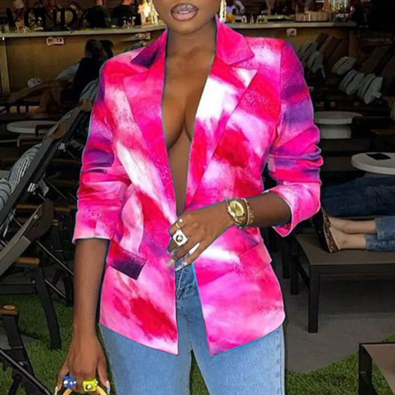 

VONDA Spring Long Sleeve Suit Blazer 2022 Autumn Printed Lapel Button Colorful Office Coats Formal Thin Suits Outerwear Oversize