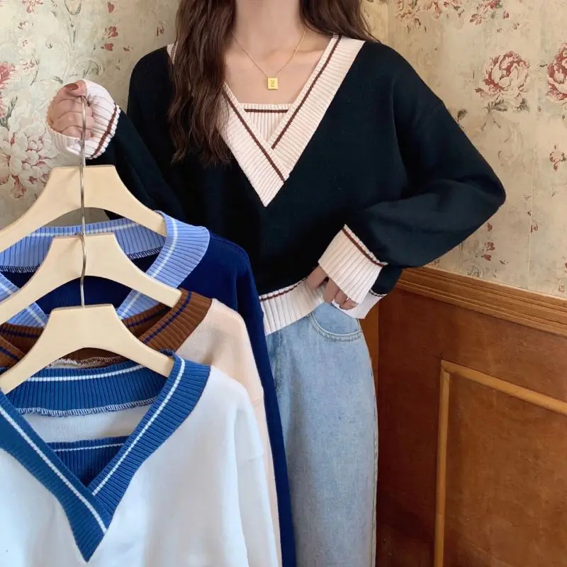 Женский свитер с длинным рукавом, Короткий трикотажный пуловер в стиле пэчворк, весна-осень 2023