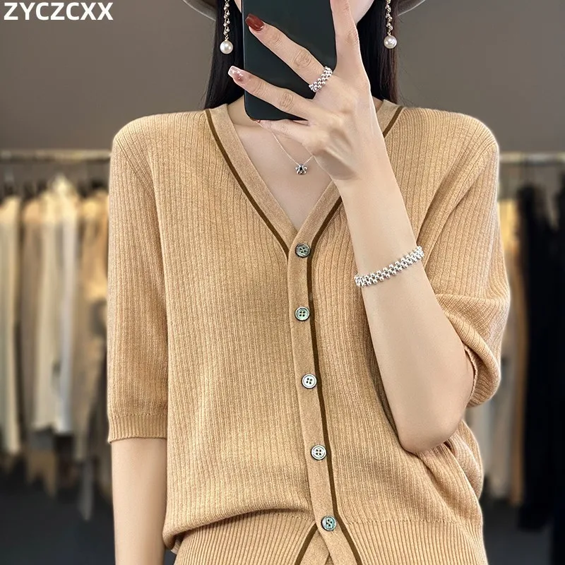 

ZYCZCXX 100% Pure Wool Half Sleeve Cardigan Women's V-neck Thread Knitted T-shirt Slim Short Style Summer New Top T-shirt Women