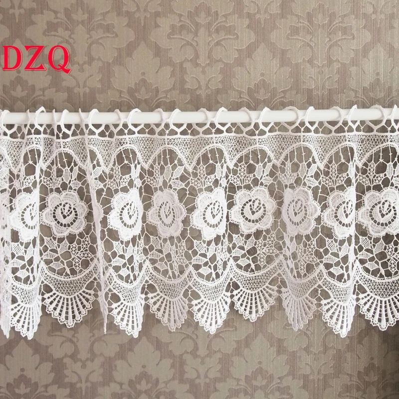 

Pastoral Rose Crochet Hollow Short Curtains for Kitchen Manual Curtains Linen White/Beige Flowers Lace Half Curtains # A112