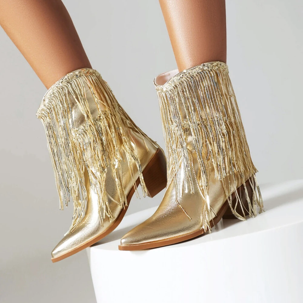 Женские ботинки с золотистыми блестками и кисточками блестящие Серебристые в