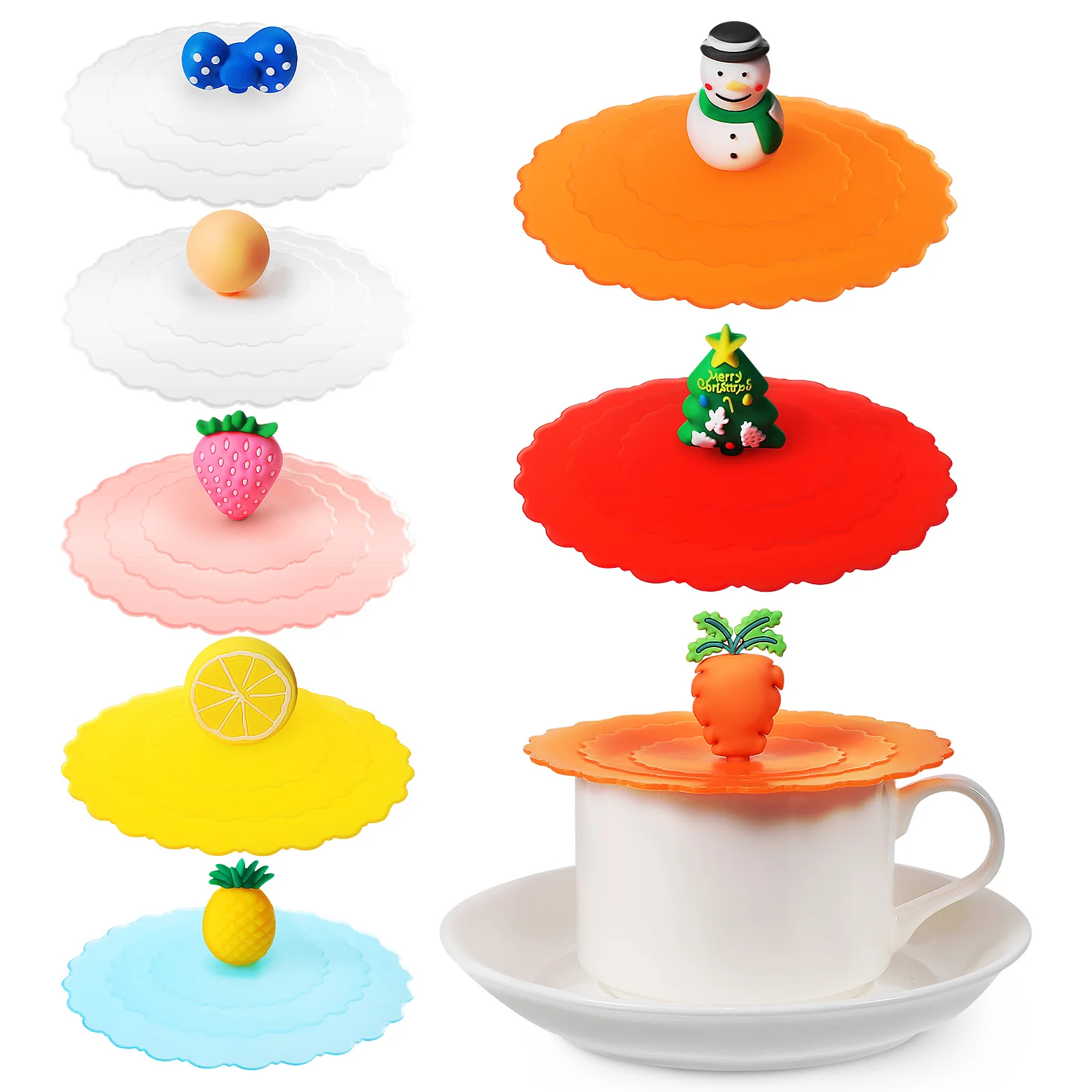 

8pcs Silicone Mug Lid Covers Universal Cup Lids Airtight Cup Covers with Fruit Handle