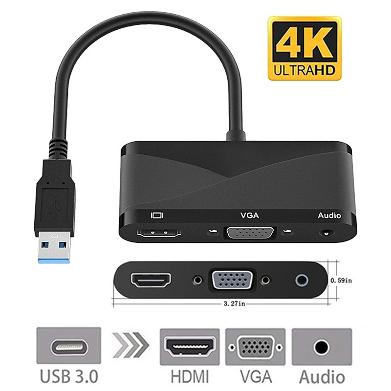 

Адаптер-концентратор 3-в-1 с USB 3,0 на HDMI, совместимый с VGA 1080P HD