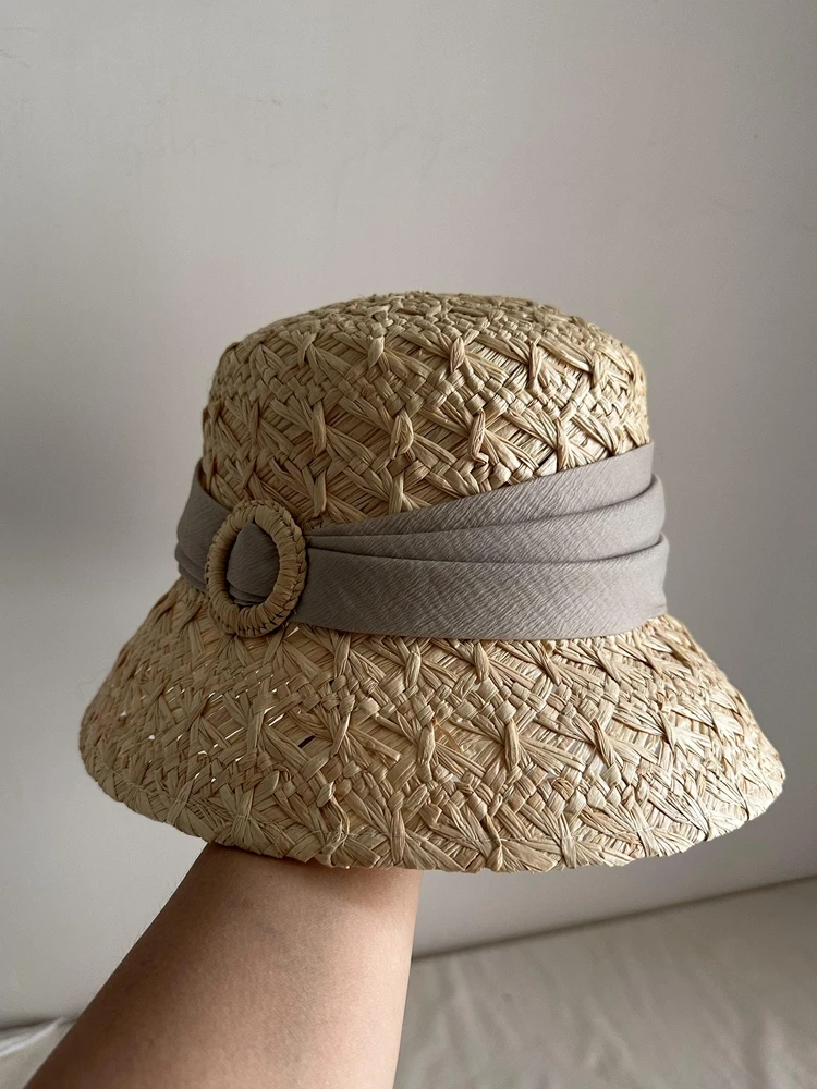 Small Brim Fisherman Hat Basin Elegant Women Summer Raffia Hand-Woven Exquisite Flat Top Retro Straw