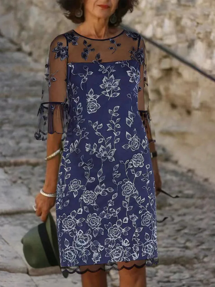 

Summer Fashion Printed Loose Patchwork Midi Dress Elegant Mesh Half Sleeve Pullover Dress Retro Women O-Neck Party Mini Dresses