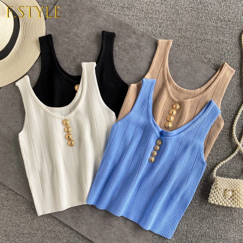 

F GIRLS Summer Women's Knitting O-neck Tank Crop Tops Female Knitted Buttons Camisole Sleeveless Cropped Slim Tee shirts Women