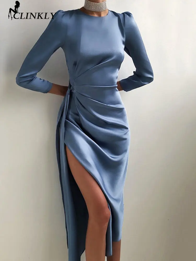 

Clinkly Satin Gown Split Wrap Maxi Dress Women Elegant Fashion Outfits Straight Club Party Long Sleeve Dresses Clothes
