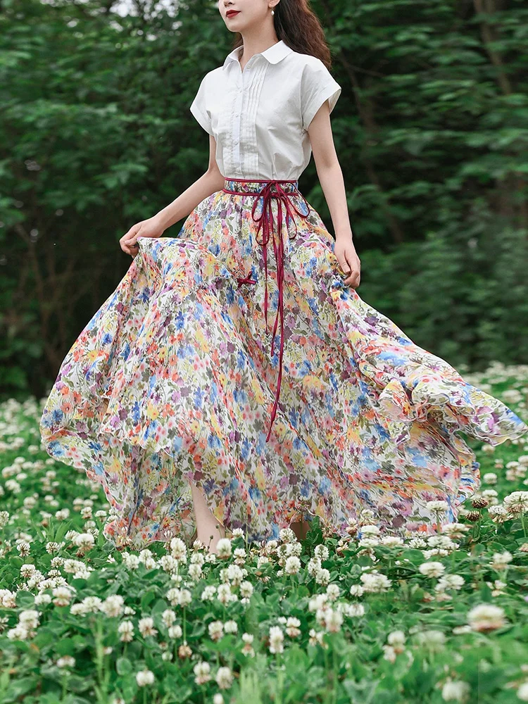Free Shipping Boshow 2023 New Fashion Bohemian Chiffon A-line Long Maxi Summer Elastic Waist Women Print Skirts  S-L